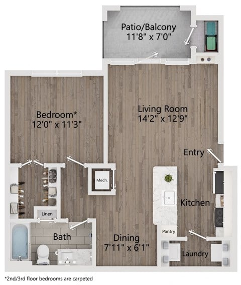 Floor plan for 1 bed, 1 bath, 728 sqft